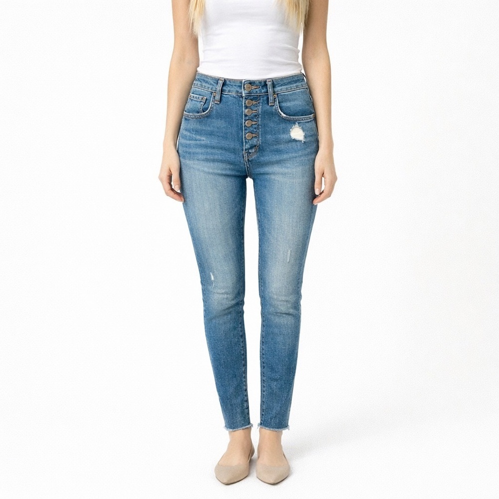 Veronica Beard Faye 11" Skinny Jeans Sz 25 Blue High Rise Distressed Button Fly